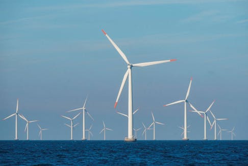 A view of an offshore wind farm.