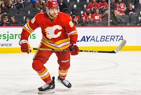 Ilya Solovyov of the Calgary Flames skates against the St Louis Blues.