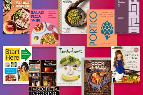 Left to right, top to bottom: Ever-Green Vietnamese (Ten Speed Press), Salad Pizza Wine (Appetite by Random House), Simply West African (Ten Speed Press), Portico (W. W. Norton & Company), The Korean Cookbook (Phaidon), Start Here (Knopf), The Secret of Cooking (W. W. Norton & Company), Tenderheart (Knopf), Cook It Wild (Penguin Canada), and In Mary's Kitchen (Appetite by Random House).
