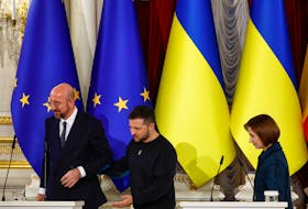 Ukraine's President Volodymyr Zelenskiy, Moldova's President Maia Sandu and President of the European Council Charles Michel leave a joint press conference, amid Russia's attack on Ukraine, in Kyiv, Ukraine November 21, 2023.