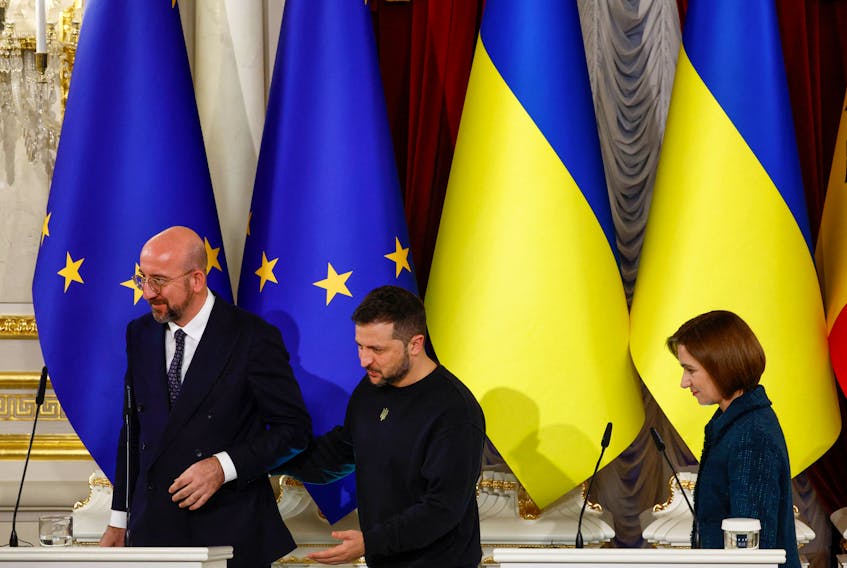 Ukraine's President Volodymyr Zelenskiy, Moldova's President Maia Sandu and President of the European Council Charles Michel leave a joint press conference, amid Russia's attack on Ukraine, in Kyiv, Ukraine November 21, 2023.