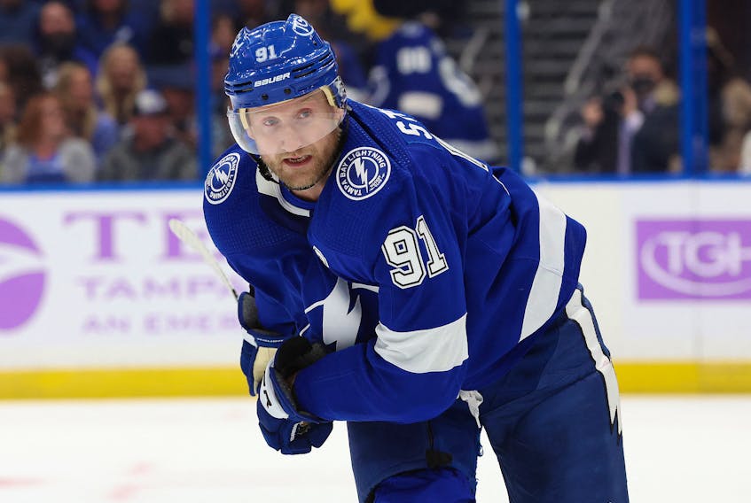 Nov 30, 2023; Tampa, Florida, USA; Tampa Bay Lightning center Steven Stamkos (91) skates against the Pittsburgh Penguins during the third period at Amalie Arena. Mandatory Credit: Kim Klement Neitzel-USA TODAY Sports