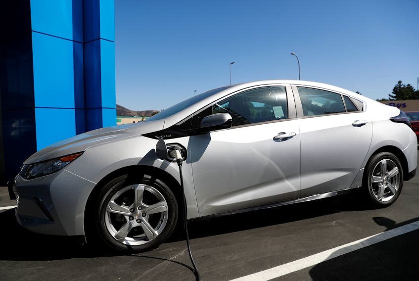 A Chevrolet Volt plug-in hybrid vehicle is being charged at Stewart Chevrolet in Colma, California, U.S., October 3, 2017.