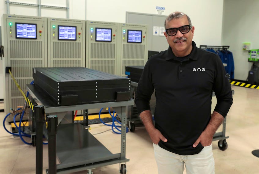 File photo: Our Next Energy (ONE) CEO Mujeeb Ijaz stands next to Aries lithium iron phosphate battery packs waiting to undergo testing at ONE's headquarters in Novi, Michigan, U.S., April 25, 2022. 