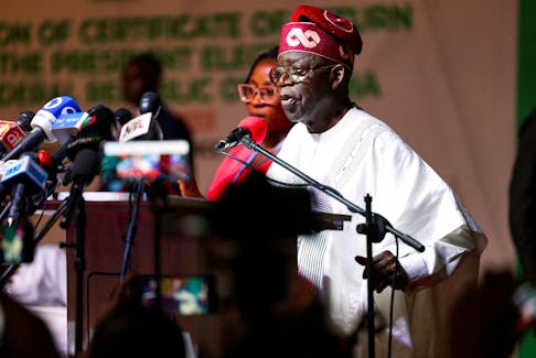 Nigeria's newly declared winner of 2023 presidential election, Bola Tinubu speaks at the National Collation Centre in Abuja, Nigeria, March 1, 2023.