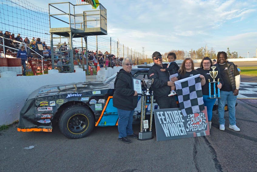Dennis Nickerson of Marshy Hope, N.S., middle, was the Street Stocks champion at Bud's Speedway in Sydney for the 2023 stock car racing season. CONTRIBUTED/KEN MACISAAC