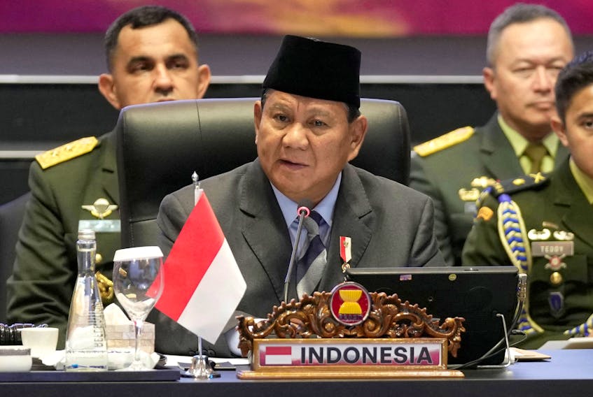 Indonesia's Defense Minister Prabowo Subianto delivers his remarks during the opening session of the Association of Southeast Asian Nations (ASEAN) Defense Ministers Meeting in Jakarta, Indonesia, November 15, 2023. Dita Alangkara/Pool via