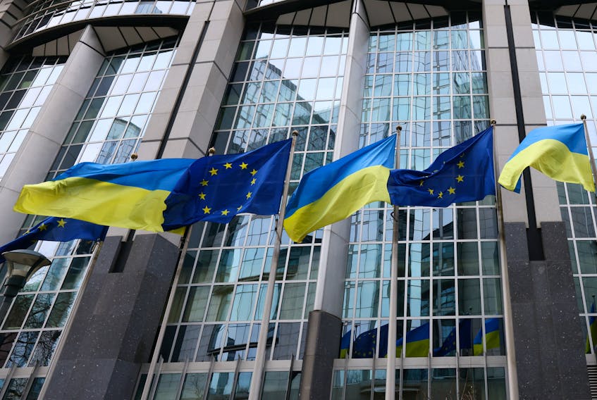 Flags of Ukraine fly in front of the EU Parliament building on the first anniversary of the Russian invasion, in Brussels, Belgium February 24, 2023.