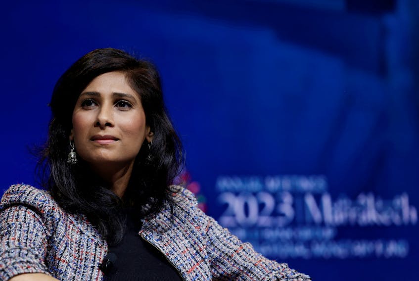 First Deputy Managing Director of the International Monetary Fund, Gita Gopinath, attends a panel on the fourth day of the annual meeting of the IMF and the World Bank, following last month's deadly earthquake, in Marrakech, Morocco, October 12, 2023.