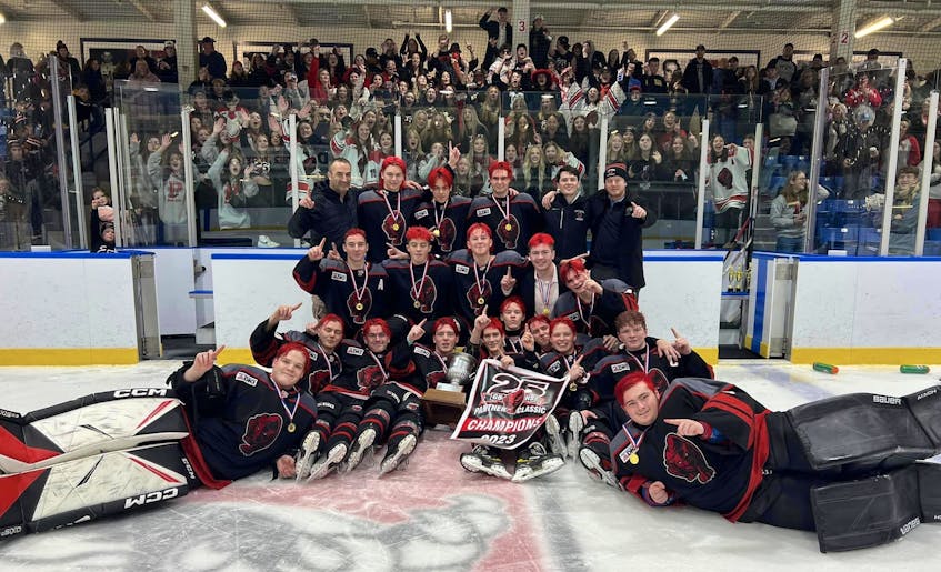 The Glace Bay Panthers claimed the 2023 Panther Classic high school hockey tournament championship on Sunday, defeating the Dalbrae Dragons 7-2 at Miners Forum in Glace Bay. Members of the team are shown with the championship trophy and banner. Not in order: Ryan Aucoin, Tyson Boland, Jesse Cathcart, Hudson Clarke, Brandon Cole, Joshua Gottwald, Pierce Hutchings, Kale MacDonald, Garrett MacIntosh, Landon MacIsaac, Kristian MacKenzie, Dylan MacLean, Cohen McNeil, C.J. McNeil-Peach, Kyle Nearing, Morgan Neville, Ty Oliver and Dylin White. Team staff: Dwayne Doucet (head coach), Michael Doucet (assistant coach), Jack Summerell (assistant coach), Matt O’Brien (assistant coach) and Bill Smith (trainer). CONTRIBUTED
