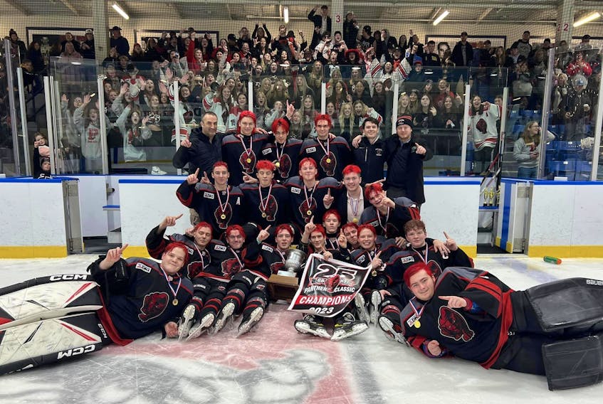 The Glace Bay Panthers claimed the 2023 Panther Classic high school hockey tournament championship on Sunday, defeating the Dalbrae Dragons 7-2 at Miners Forum in Glace Bay. Members of the team are shown with the championship trophy and banner. Not in order: Ryan Aucoin, Tyson Boland, Jesse Cathcart, Hudson Clarke, Brandon Cole, Joshua Gottwald, Pierce Hutchings, Kale MacDonald, Garrett MacIntosh, Landon MacIsaac, Kristian MacKenzie, Dylan MacLean, Cohen McNeil, C.J. McNeil-Peach, Kyle Nearing, Morgan Neville, Ty Oliver and Dylin White. Team staff: Dwayne Doucet (head coach), Michael Doucet (assistant coach), Jack Summerell (assistant coach), Matt O’Brien (assistant coach) and Bill Smith (trainer). CONTRIBUTED