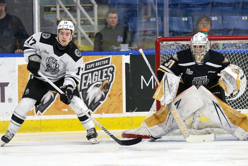 Sander Wold of the Gatineau Olympiques, left, and Jakub Milota of the Cape Breton Eagles watch the play during Quebec Major Junior Hockey League action at Centre 200 in Sydney on Sunday. Cape Breton won the game 3-0. CONTRIBUTED/MIKE SULLIVAN