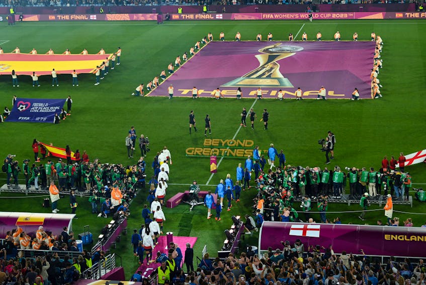 Soccer Football - FIFA Women's World Cup Australia and New Zealand 2023 - Final - Spain v England - Stadium Australia, Sydney, Australia - August 20, 2023 General view as the Spain and England players walk out ahead of the match