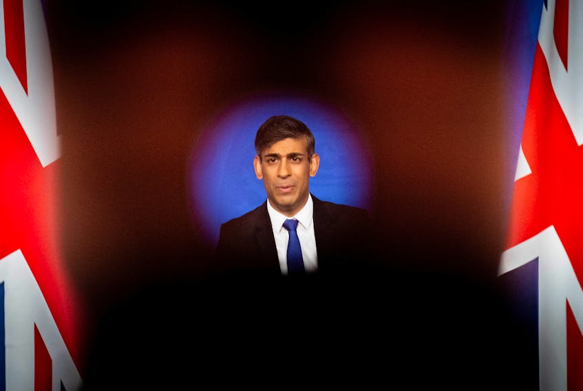 Prime Minister Rishi Sunak speaks during a press conference in the Downing Street Briefing Room, in London, Britain December 7, 2023. James Manning/Pool via