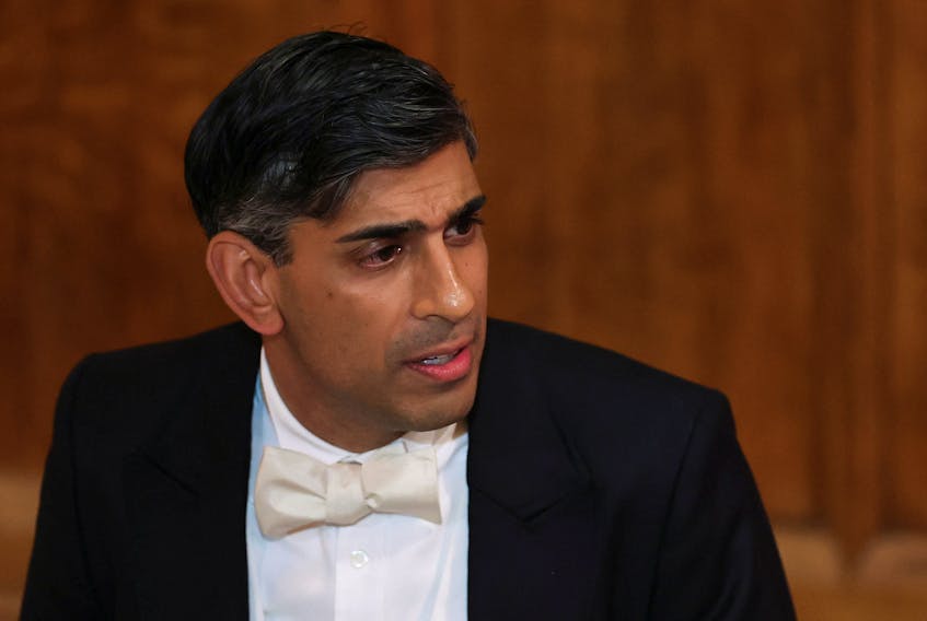 Britain's Prime Minister Rishi Sunak speaks during the annual Lord Mayor's Banquet at Guildhall, in London, Britain November 13, 2023.