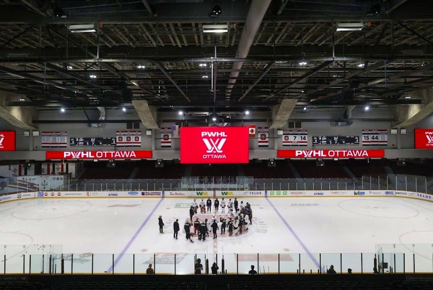 Ottawa’s PWHL hockey team takes part in a training camp session at TD Place in Ottawa on Nov. 17, 2023.
