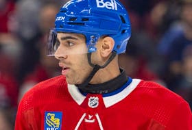Canadiens defenceman Jayden Struble wears a neck guard against the Florida Panthers in Montreal on Nov. 30, 2023. Attention has been paid to neck guards since the death of Adam Johnson, who died after his neck was sliced by an opponent's skate during a game in England.