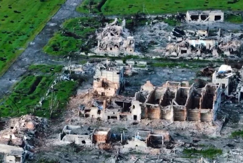 A drone view shows the remains of Maryinka city that was destroyed by the Russians, as Russia's attack on Ukraine continues, in Maryinka, Donetsk Region, Ukraine May 12, 2023, in this screengrab obtained from a social media video. Andriy Yermak via Telegram/via