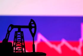 Russian flag with stock graph and an oil pump jack miniature model are seen in this illustration taken October 9, 2023.