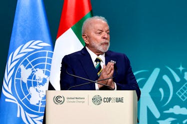Brazil's President Luiz Inacio Lula da Silva delivers a national statement at the World Climate Action Summit during the United Nations Climate Change Conference (COP28) in Dubai, United Arab Emirates, December 1, 2023.