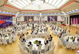 North Korea's leader Kim Jong-un attends a banquet to celebrate the launch of a reconnaissance satellite, in this picture released by the Korean Central News Agency on November 24, 2023. KCNA via REUTERS