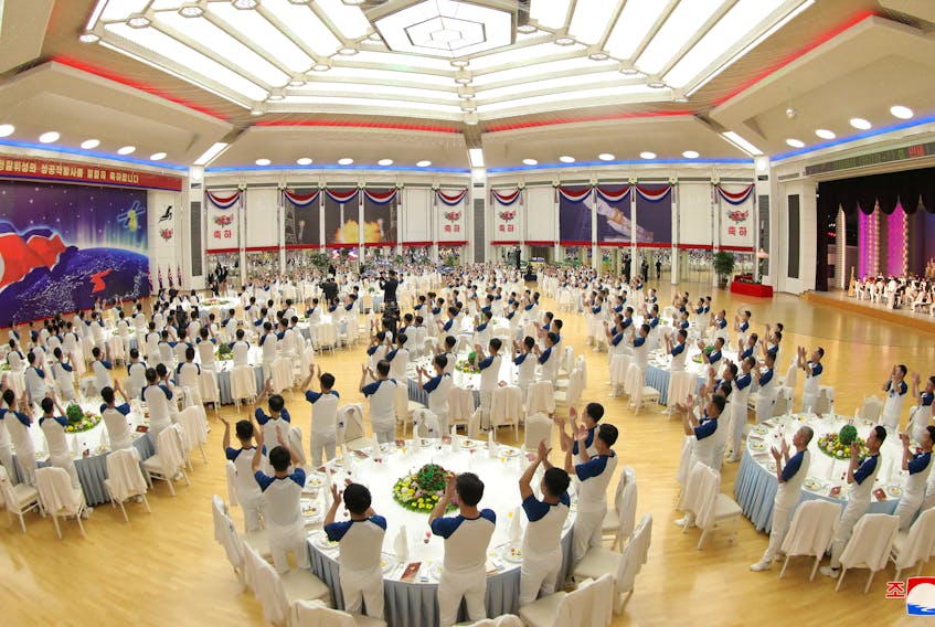 North Korea's leader Kim Jong-un attends a banquet to celebrate the launch of a reconnaissance satellite, in this picture released by the Korean Central News Agency on November 24, 2023. KCNA via REUTERS