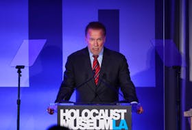 Arnold Schwarzenegger speaks as he attends the Holocaust Museum LA 15th Annual Gala in Beverly Hills, California, U.S., November 6, 2023.