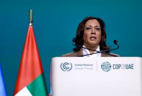 U.S. Vice President Kamala Harris speaks during the United Nations Climate Change Conference COP28, in Dubai, United Arab Emirates, December 2, 2023.