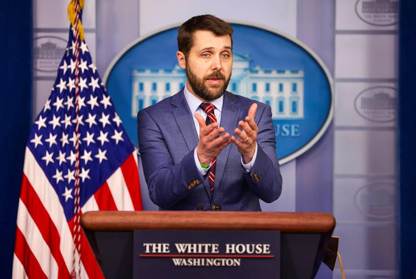 U.S. National Economic Council Director Brian Deese addresses reporters at the top of the daily press briefing at the White House in Washington, U.S., April 26, 2021.