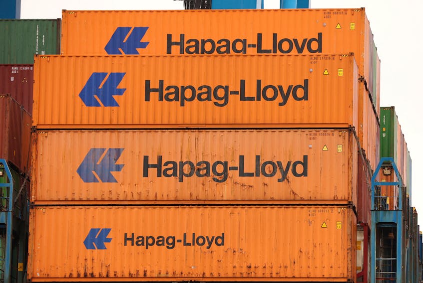 Containers are seen on the Hapag-Lloyd container ship Chacabuco at the HHLA Container Terminal Altenwerder, on the River Elbe in Hamburg, Germany  March 31, 2023.