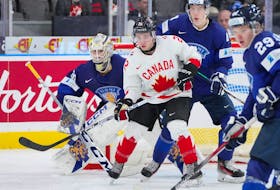 Canada's Jordan Dumais of the Halifax Mooseheads stands in front of the Finland net during action at the IIHF world junior hockey championship in Gothenburg, Sweden, on Tuesday. Canada won 5-2. - IIHF