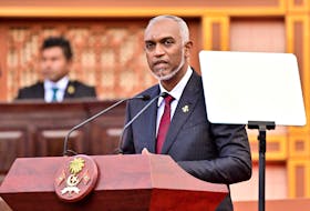 Mohamed Muizzu, the newly elected president of Maldives speaks during his inauguration ceremony in Male, Maldives November 17, 2023.