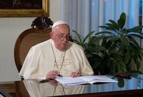 Pope Francis records a video message to be broadcasted during the inauguration of the "Faith Pavilion" during COP28 in Dubai, at Casa Santa Marta in the Vatican in this handout image released on December 3, 2023.  Vatican Media/­Handout via
