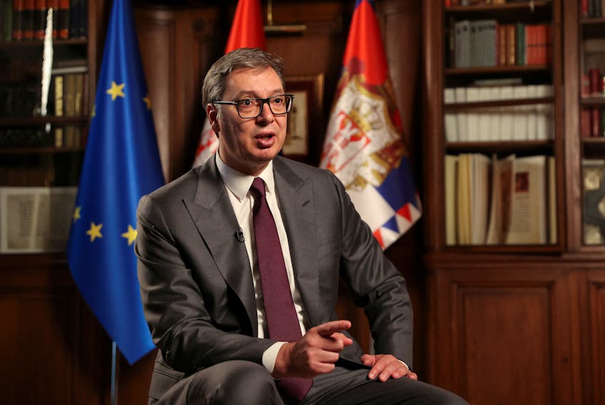 Serbian President Aleksandar Vucic speaks during an interview with Reuters in Belgrade, Serbia, September 28, 2023.