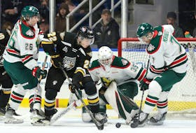 The Cape Breton Eagles' Olivier Houde battles for the puck in front of Halifax Mooseheads goalie Jack Milner's crease at Centre 200 on Saturday. The Moosheads prevailed in the Battle of Nova Scotia, downing the Eagles 3-1 in the first half of a holiday home-and-home. CONTRIBUTED/MIKE SULLIVAN