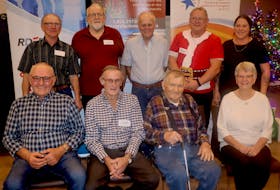 The P.E.I. Acadian and Francophone Business Hall of Fame on March 16 will induct the following eight seated, Alfred Arsenault, left, Ernest Arsenault, Joseph (Joe) Caissie, the late Édouard T. Arsenault (represented by daughter Réjeanne Arsenault). 
Standing: John and Alphonse Arsenault, eft, Léo-Paul Arsenault, and Franky Arsenault. They are accompanied by Janine Arsenault, spokesperson for the Acadian and Francophone Chamber of Commerce of P.E.I., who announced their upcoming induction Dec. 1.