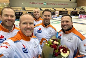 Team Gushue won it’s second curling championship over the weekend when they took gold at the 2023 Karuizawa Interational Curling Championships. Members of the team are, from left, lead Geoff Walker, third Mark Nichols, second E.J Harnden, skip Brad Gushue and coach Caleb Flaxey. Contributed photo