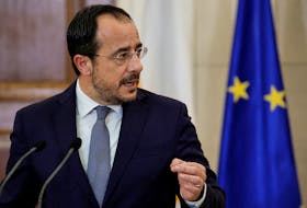 Cypriot President Nikos Christodoulides makes statements to the press following a meeting at the Greek Prime Minister's office in Athens, Greece, November 10, 2023.