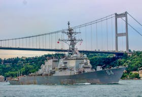 The U.S. Navy destroyer USS Carney (DDG 64) sets sail in the Bosphorus in Istanbul, Turkey, July 14, 2019.