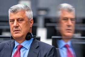 Former Kosovo President Hashim Thaci, who resigned and was taken into custody of a war crimes tribunal, appears for the first time before the Kosovo Specialist Chambers in The Hague, Netherlands November 9, 2020.  Jerry Lampen/Pool via