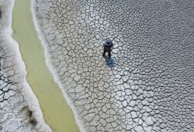 Manuel Flores walks on a dry area that shows the drop in the level of Lake Titicaca, Latin America's largest freshwater basin, as it is edging towards record low levels, on Cojata Island, Bolivia October 26, 2023.