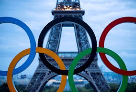 Olympic rings to celebrate the IOC official announcement that Paris won the 2024 Olympic bid are seen in front of the Eiffel Tower at the Trocadero square in Paris, France, September 14, 2017.  
