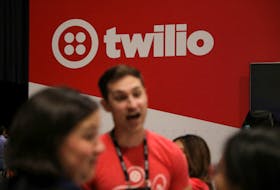 The logo of communication company Twilio is displayed at the Collision conference in Toronto, Ontario, Canada June 23, 2022. Picture taken June 23, 2022.