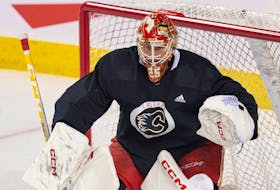 Calgary Flames goaltender Jacob Markstrom, pictured during practice at Scotiabank Saddledome on Sept. 24, 2023,  says being a father provided perspective during a difficult 2022-23 campaign.