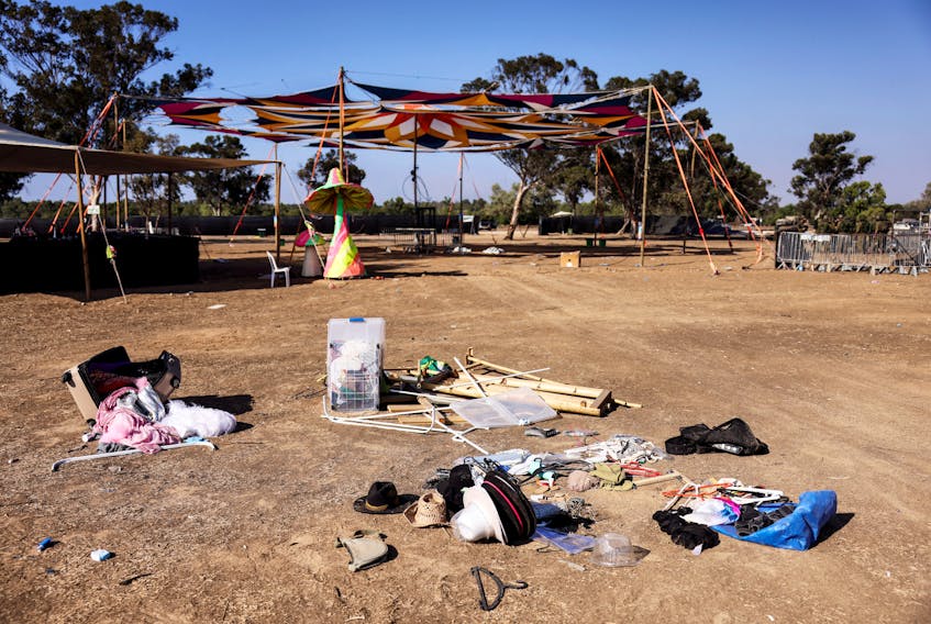 The personal belongings of festival-goers are seen at the site of an attack on the Nova Festival by Hamas gunmen from Gaza, near Israel's border with the Gaza Strip, in southern Israel, October 12, 2023.