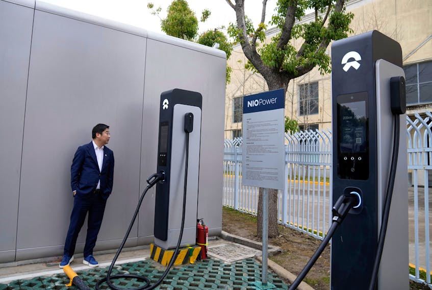 Super chargers of Chinese electric vehicle (EV) maker Nio are placed at a delivery center of the company, in Nanxiang, Shanghai, China March 23, 2023.