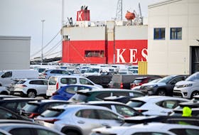 A view shows the ship Malacca Highway at shore as port workers are blocking the loading of Tesla vehicles, in Malmo, Sweden, November 7, 2023.  Johan Nilsson/TT News Agency/via