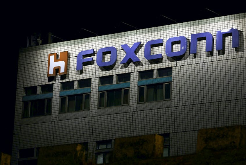 The logo of Foxconn is seen outside the company's building in Taipei, Taiwan November 10, 2022.
