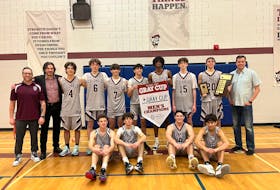 The host Colonel Gray Colonels won the Gray Cup senior AAA basketball tournament for the first time since 2012 on Dec. 2. The Colonels defeated the Three Oaks Axemen of Summerside 75-50 in the championship game. Members of the Colonels are, front row, from left: Rio Bevan, Theo Plourde, Brayden Bruce and Fadi Mayaleh. Back row: Troy Gauthier (assistant coach), Dennis Manning (head coach), Nate MacDonald, Alex Nicholson, Seth Gauthier, Kyler Vaive (tournament most valuable player), Aundray Wilson, Robbie Douglas, Gabe Lee (Peter Houston Memorial Award recipient) and Mike Saunders (assistant coach). Contributed