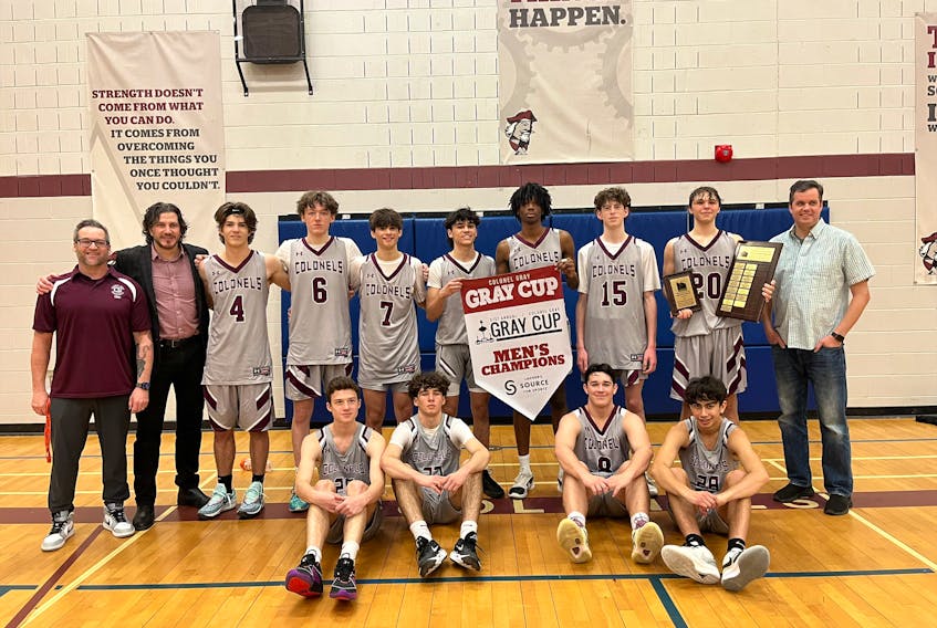 The host Colonel Gray Colonels won the Gray Cup senior AAA basketball tournament for the first time since 2012 on Dec. 2. The Colonels defeated the Three Oaks Axemen of Summerside 75-50 in the championship game. Members of the Colonels are, front row, from left: Rio Bevan, Theo Plourde, Brayden Bruce and Fadi Mayaleh. Back row: Troy Gauthier (assistant coach), Dennis Manning (head coach), Nate MacDonald, Alex Nicholson, Seth Gauthier, Kyler Vaive (tournament most valuable player), Aundray Wilson, Robbie Douglas, Gabe Lee (Peter Houston Memorial Award recipient) and Mike Saunders (assistant coach). Contributed